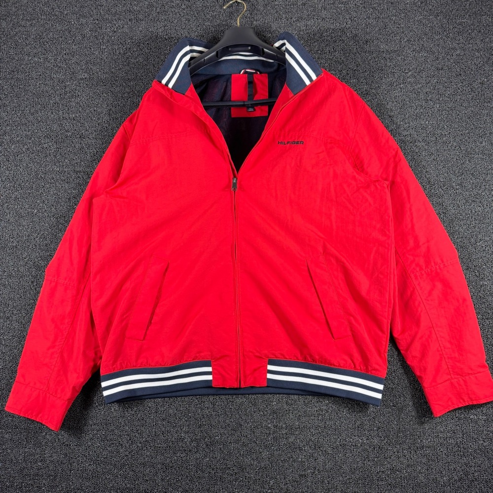 Tommy Hilfiger Jacket Mens XXL Red Windbreaker Hood Mesh Lined Varsity Spellout